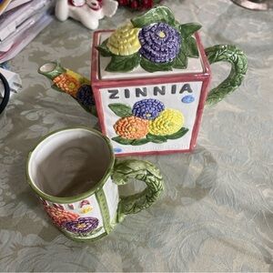 Omnibus by Fitz & Floyd Zinnia Tea Pot & Cup VTG flowers  1993 leaf‎ handle